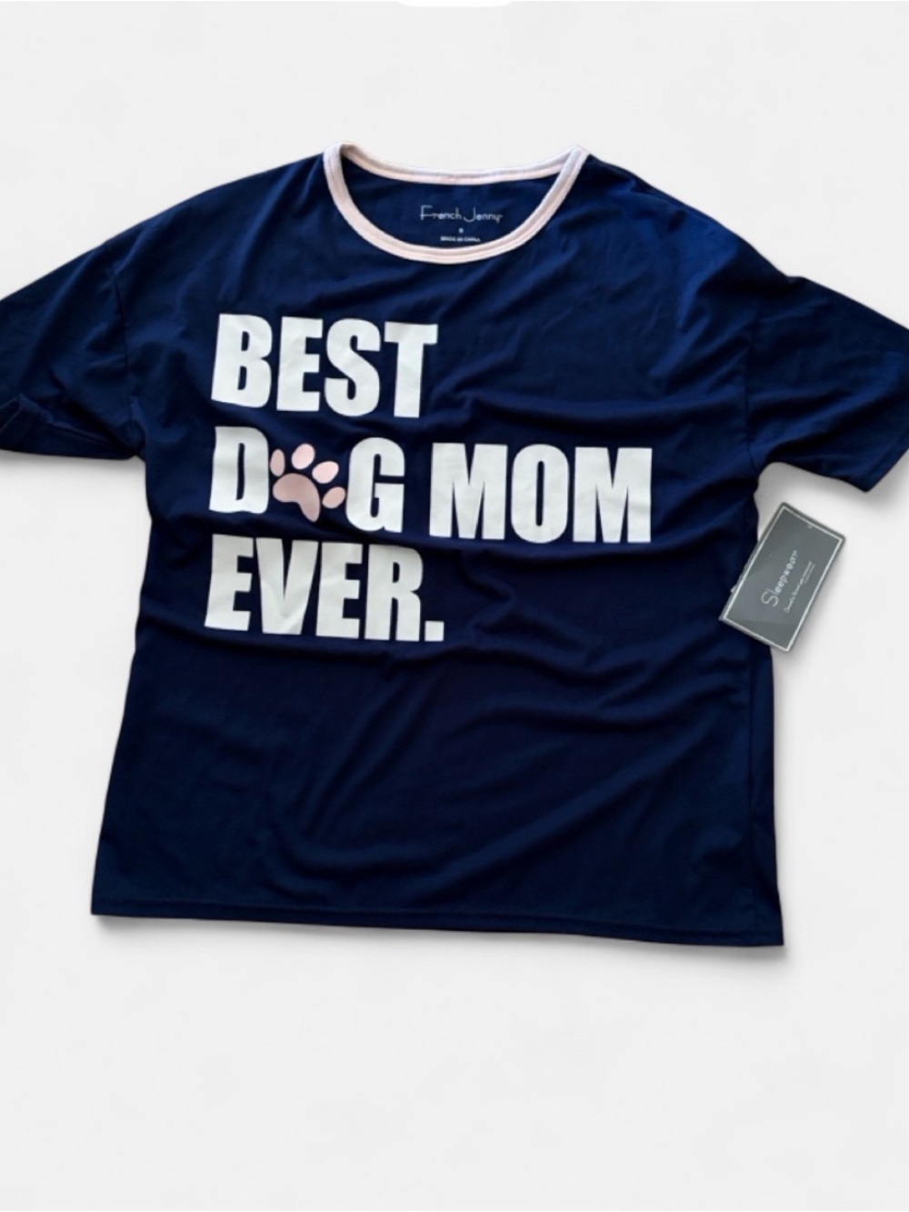 Navy "Best Dog Mom Ever" Tee with Pink Paw Accent